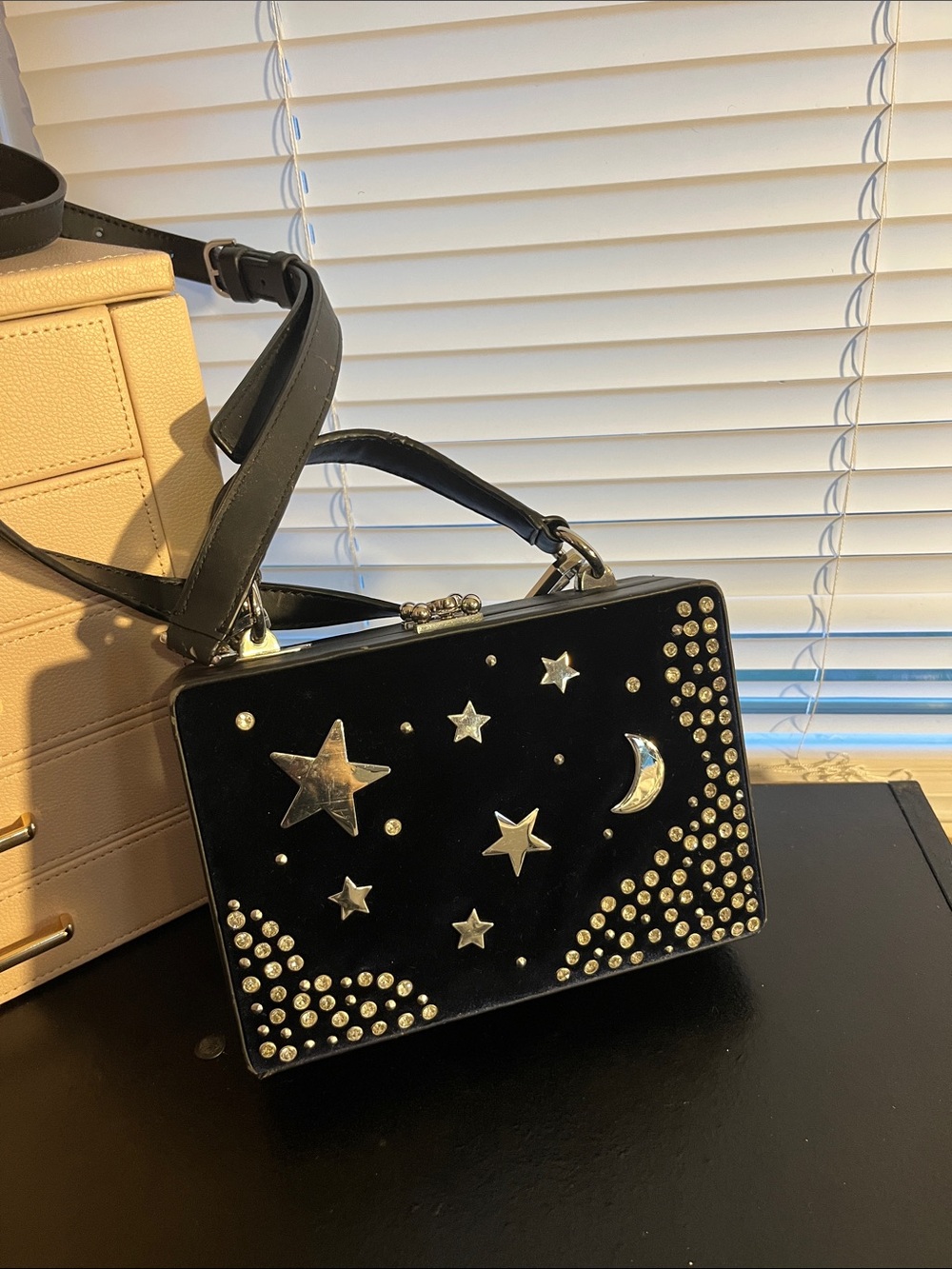 Black Velvet Star & Moon Box Bag with Silver Studs